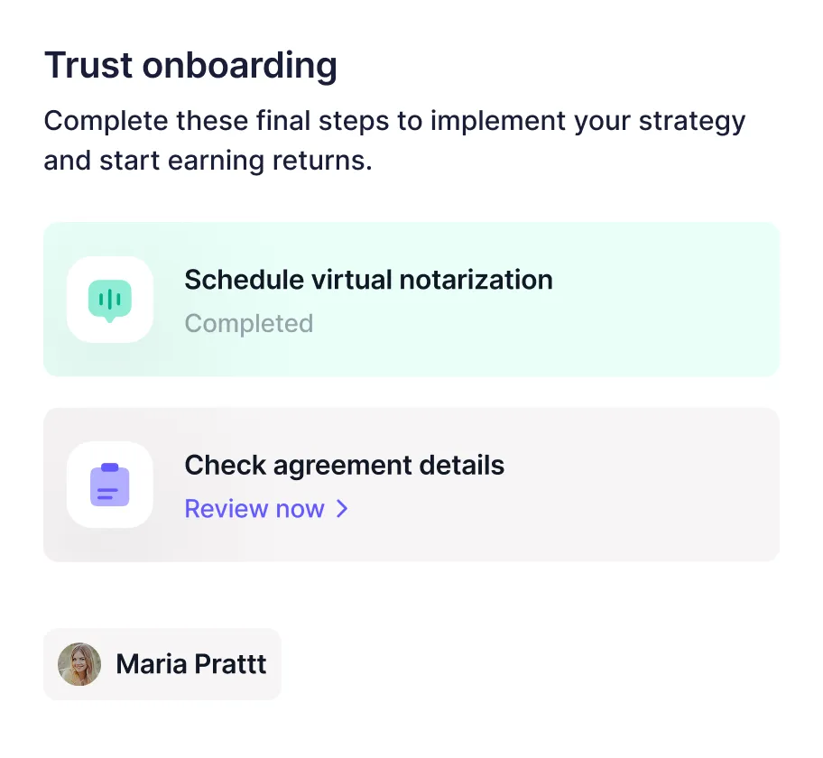 Trust onboarding interface showing scheduled notarization and agreement review with strategist Maria Pratt