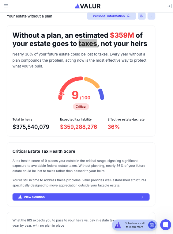 Valur estate tax analysis showing $359M lost to taxes without a plan and a critical estate tax health score